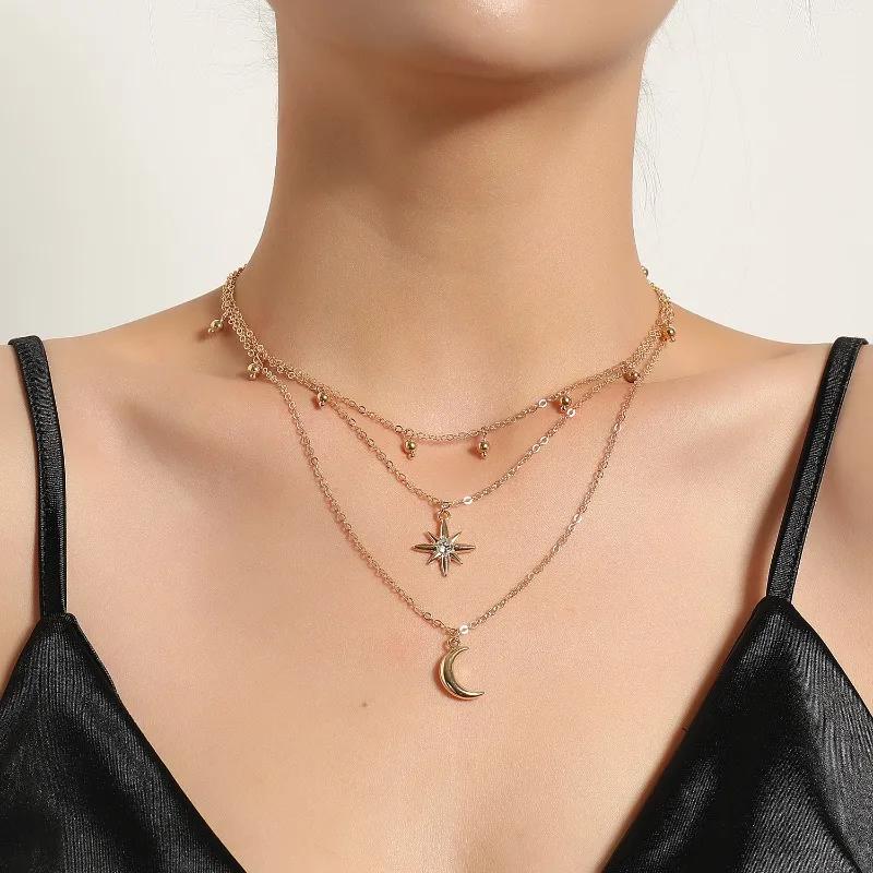 

New Boho Vintage Multi Layered Crystal Pendant Necklaces for Women Luxury Gold Color Moon Cross Star Choker Chains Party Jewelry золотой