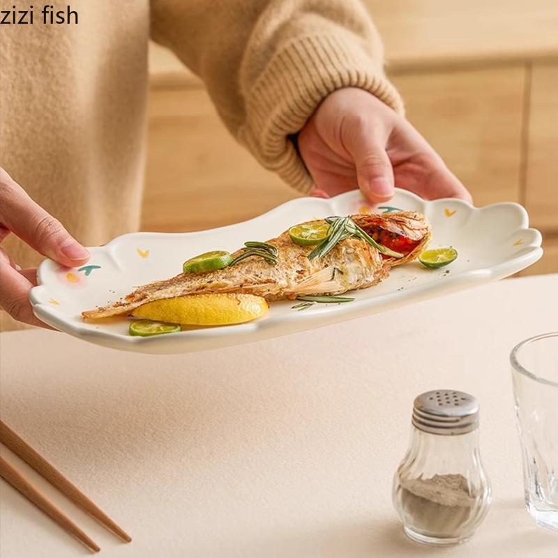 Creative Peony Pattern Ceramic Fish Plate Restaurant Dessert Plate Sushi Sashimi Plates Molecular Cuisine Specialty Tableware