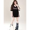 Loose-fitting sporty V-neck T-shirt, striped letter print T-shirt, women's street hip-hop top, loose casual T-shirt