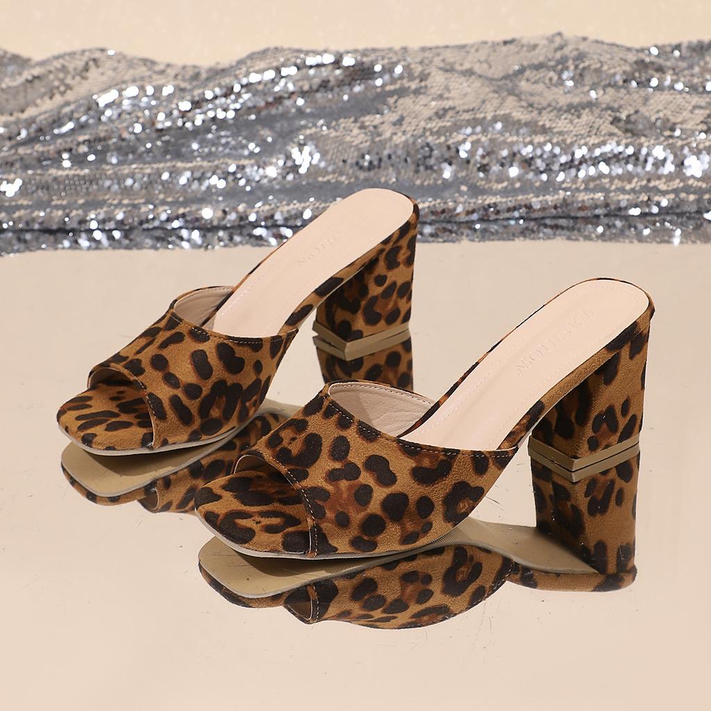 High Heel Sandals for Women Leopard Print Design Cool Slipper Summer Square Head Open-toe High-heeled Slippers Women Mules Pumps