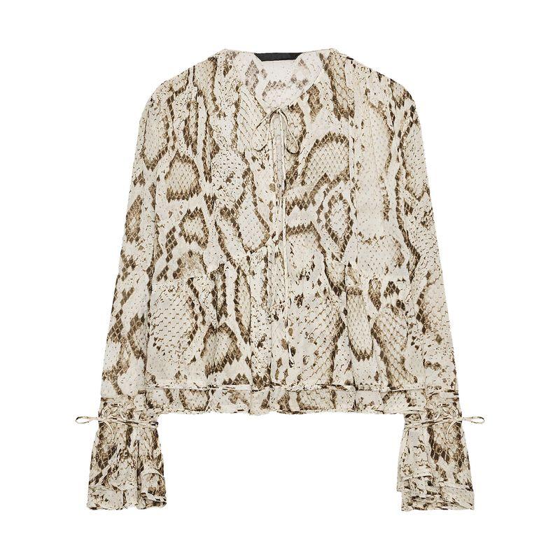 Zaprha 2025 Summer New Animal Pattern Print round Neck Long sleeve A Word Cuff Lace-up Shirts 3716826