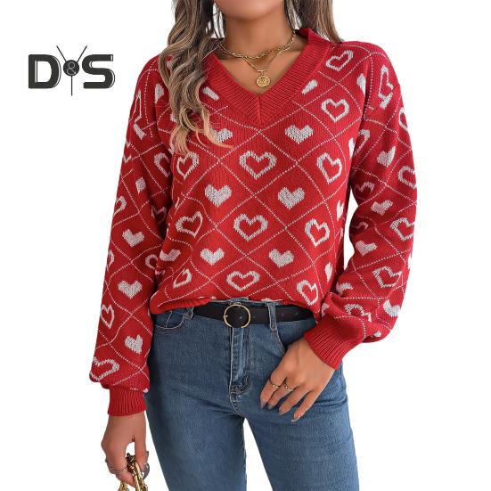 

Женский свитер с V-образным вырезом и длинным рукавом с ребристой отделкой, пуловер, джемпер с узором в виде сердца, трикотажные топы для повседневной носки S красный