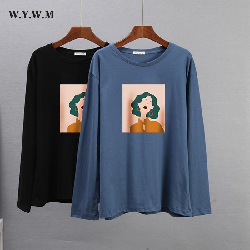 

Женские футболки WYWM на хлопковой основе, весенние ретро футболки с абстрактными фигурками и принтом, женские повседневные мягкие топы с круглым вырезом и длинными рукавами для девочек