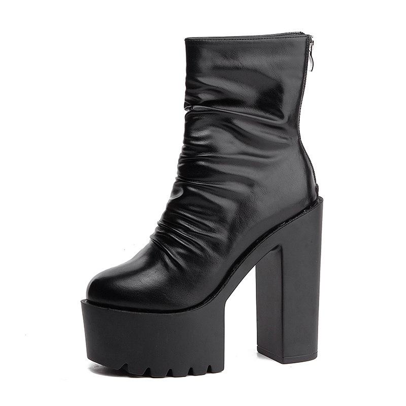 Autumn Gothic Ankle Boots Black PU Back Zip Super High Heel Short Boots Pleated Platform Shoes for Women Botas Para Mujer