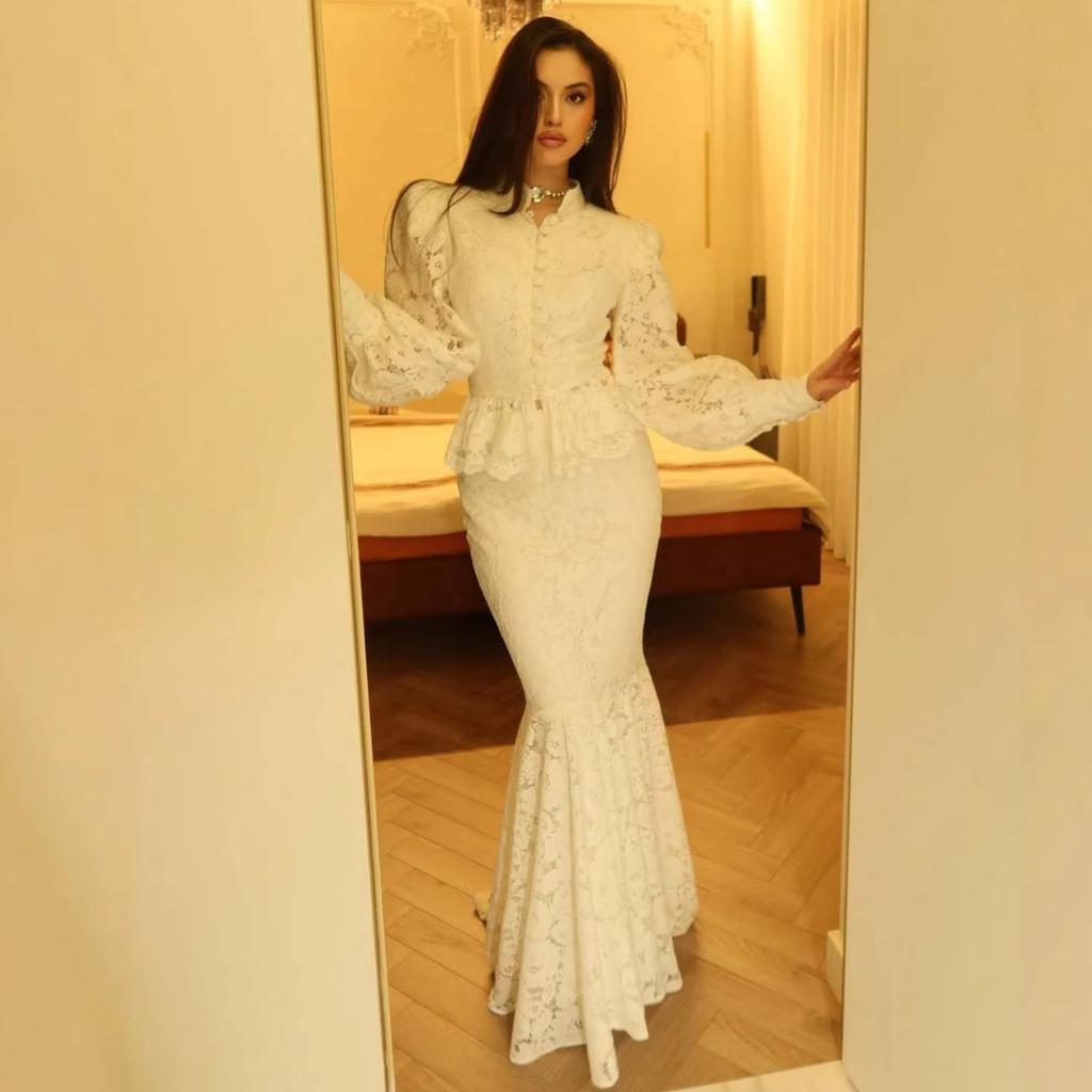 Cross-border European and American Women's Clothing Stand-up Collar Button Lantern Sleeve Lace Court Style Top Fishtail Long Skirt Set