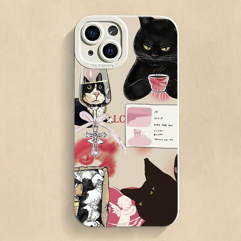 Vintage Cat Drinking Tea Pattern Phone Case For iPhone 17 16 15 14 13 12 11 Pro Max XS X XR 7 8 Plus 16E 17 Air Matte Soft Cover
