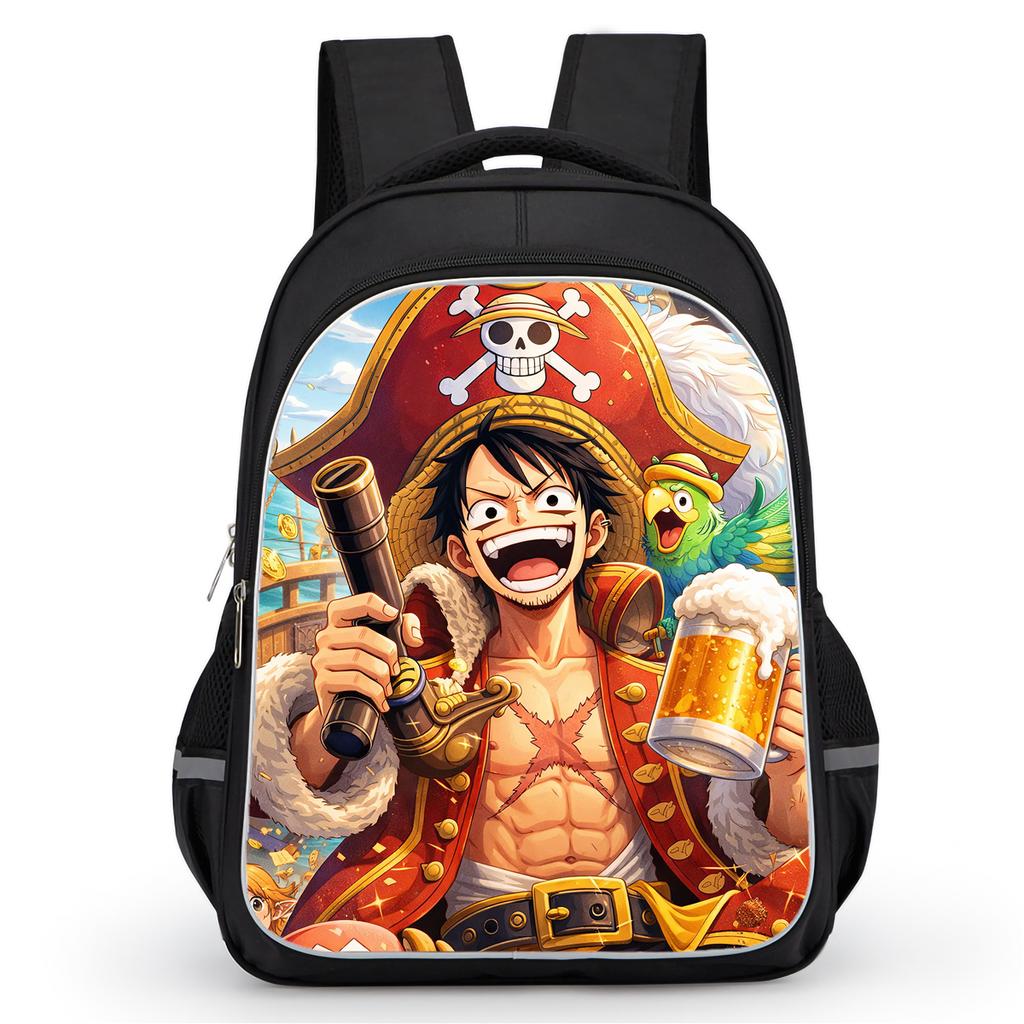16 Inch Black Cartoon One Piece Backpack Mochila, Light Weight Unisex School Backpack Travel Daypack for Boys Girls Age 6-10