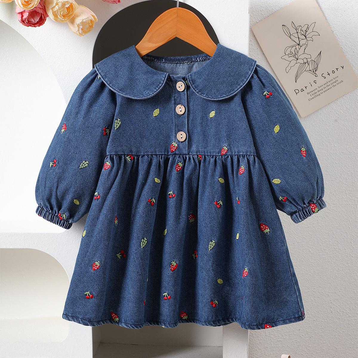Girls Strawberry Embroidered Denim Dress Peter Pan Collar Princess Casual Spring Autumn Jean Dress For Kids 80cm
