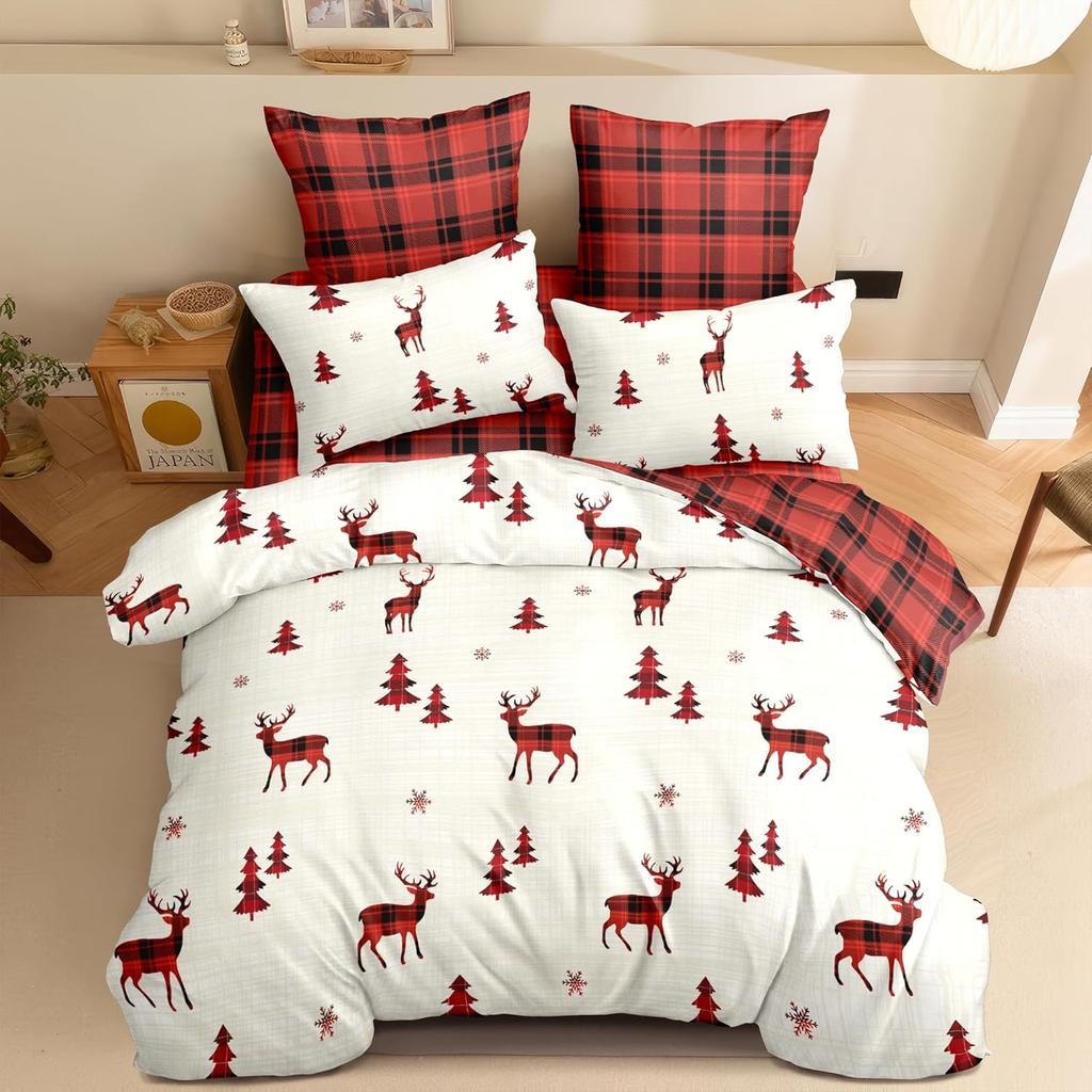 Christmas Duvet Cover Holiday Bedding Set Reversible Red Reindeer Christmas Tree Buffalo Check Plaid Duvet Cover Xmas Gifts