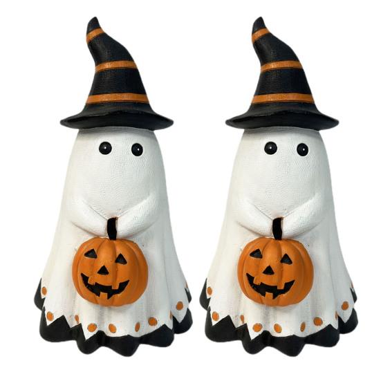 Halloween Ghost Statue Small White Ghost with Pumpkin Figurine Cute Ghost Resin Tabletop Ornament for Indoor Outdoor Halloween Decor