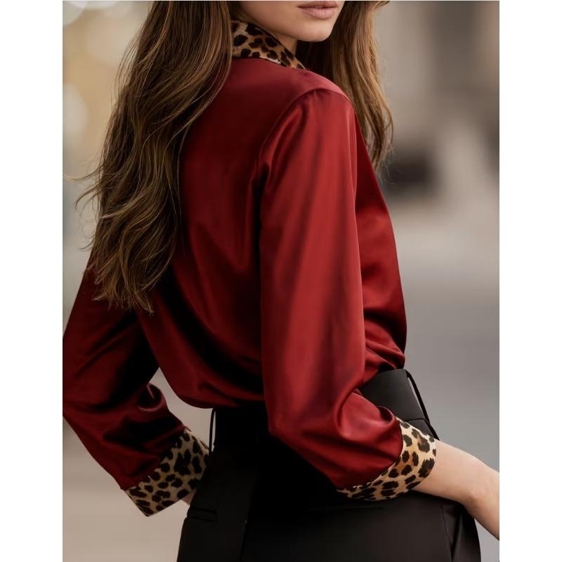 New Women's Leopard Print Long Sleeve Office Shirt Spring Autumn Lapel Casual Loose Blouse Simple Satin Elegant Solid Color Top Clothing