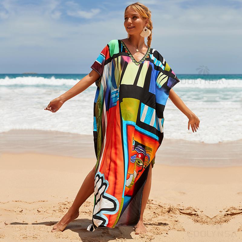 2022 Multicolored Kaftan Bohemian Printed V-neck Batwing Sleeve Street Wear Maxi Dress Women Beach Wear Swim Suit Cover Up Q1342