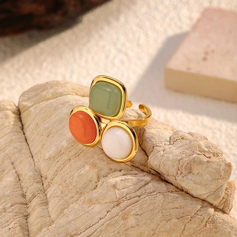 Gold stainless steel inlaid natural stone open ring light luxury high-end ring stainless steel exaggerated jewelry