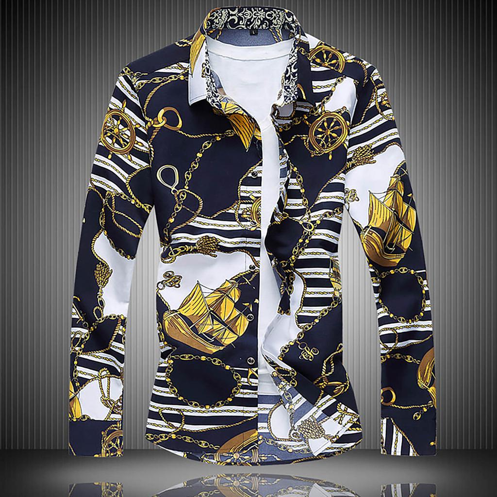 Bărbați de modă casual cu imprimeu floral cu mânecă lungă, tricou cu nasturi, bluză de sus