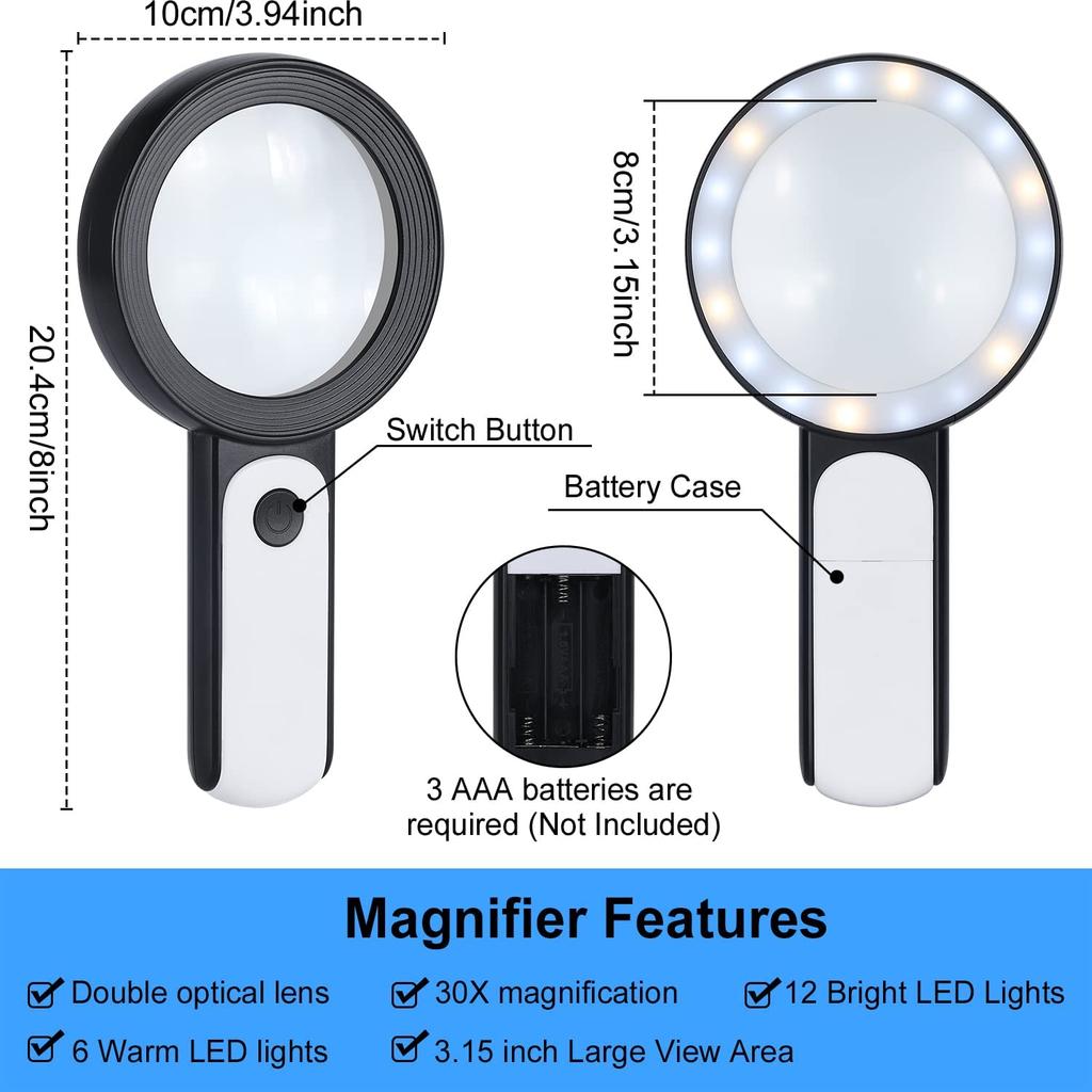 Handheld Magnifying Glass 30x 18 Led Lights 3 Modes Illuminated Magnifier Reading Lens Tool