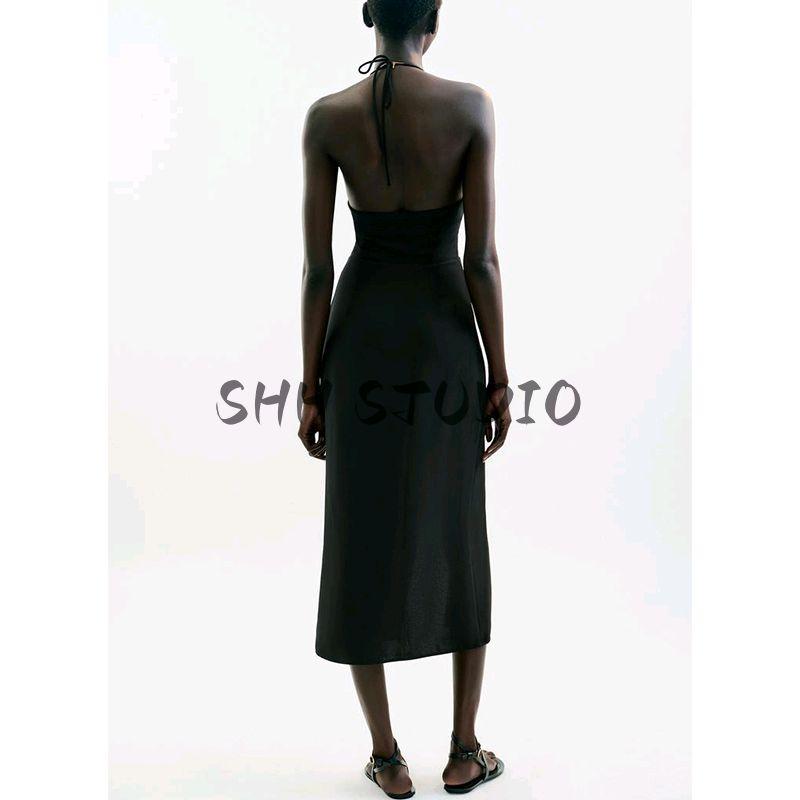 Summer Women's Clothing Bows Series Decoration Hanging Collar Gold Inlaid Open Back Midi Skirt Dress 2298098