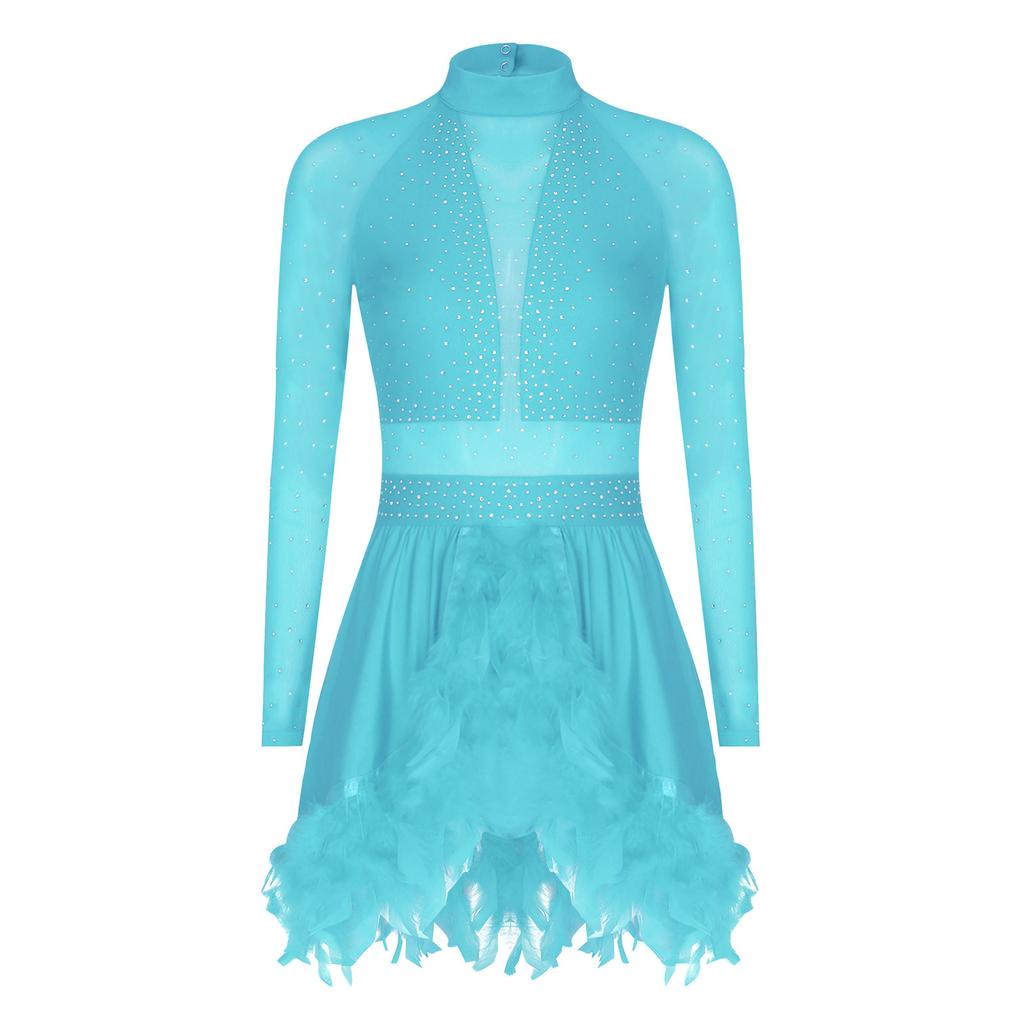 Dámské výkonnostní taneční šaty s péřovým lemem, zdobené kamínky, falešným výstřihem, průsvitnými síťovanými rukávy a vestavěnými kalhotkami