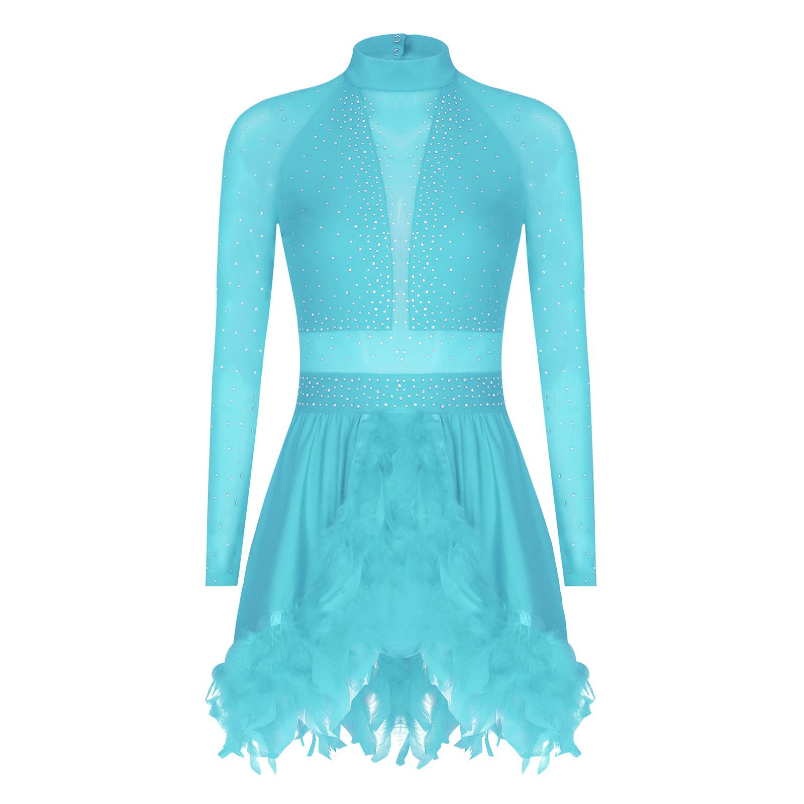 

Жіноча танцювальна сукня для виступів з пір яною облямівкою, прикрашена стразами, з коміром-стійкою та прозорими сітчастими рукавами, з вбудованими трусиками S небо синє кольору