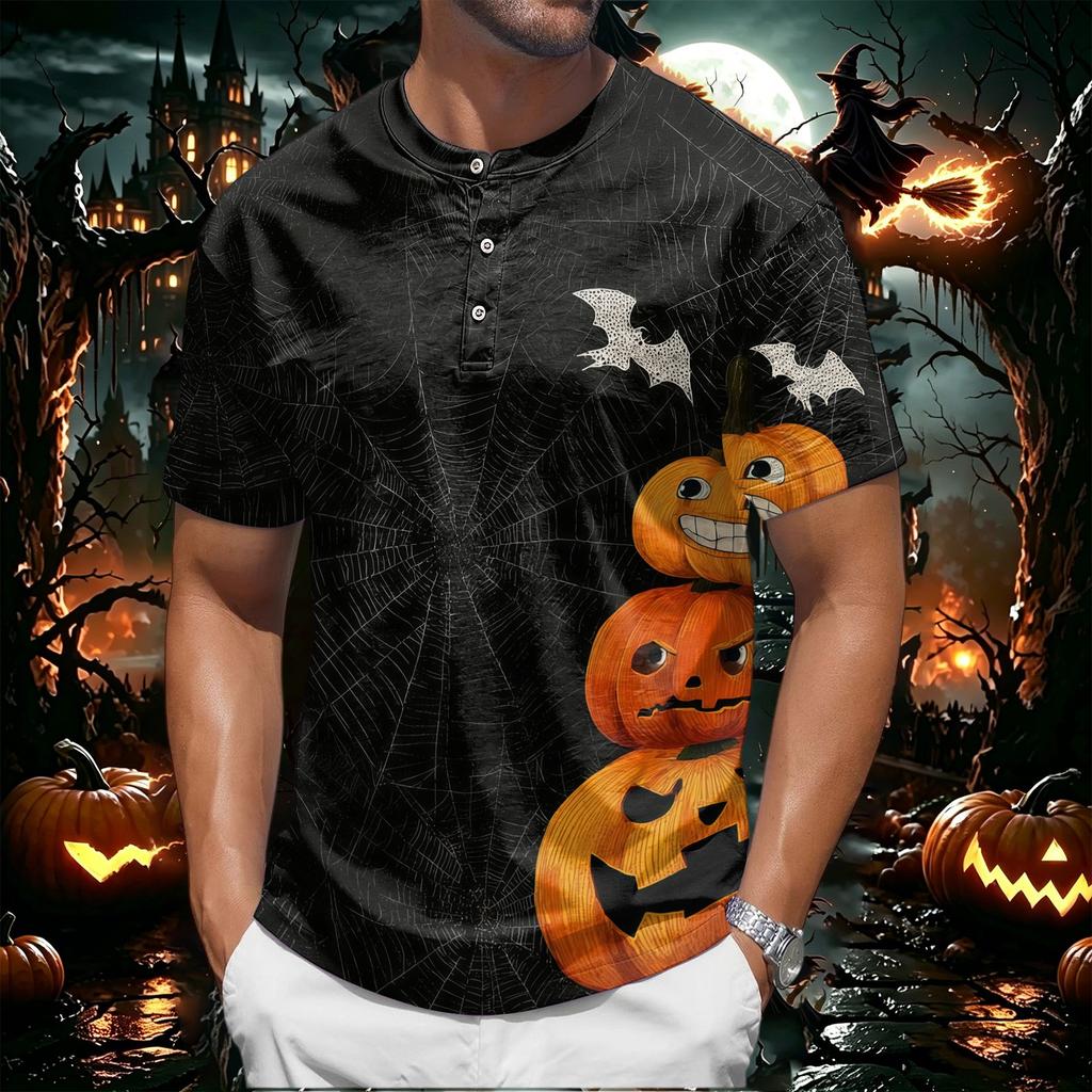 Men's Halloween Short Sleeve Henley Shirt Pumpkin Print Casual Lightweight Breathable Top with Buttoned Collar for Seasonal Wear