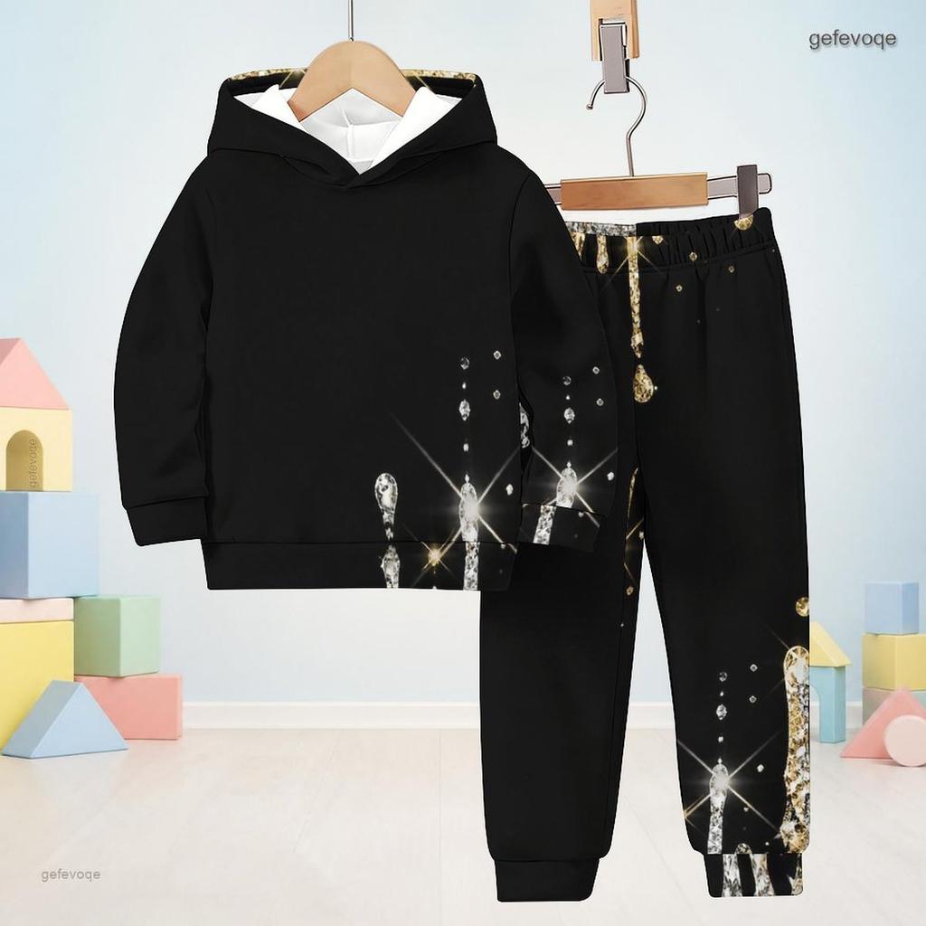 Kids Boys Girls Hooded Long Sleeve Printed Two Piece Set Black Gold Sweatshirt Cuffed Pants