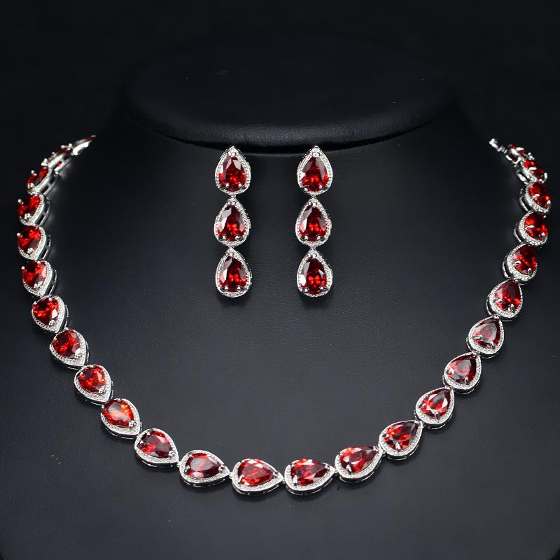 Bridal Earrings, Necklace Set, Jewelry Zircon Water Drop Set Chain.