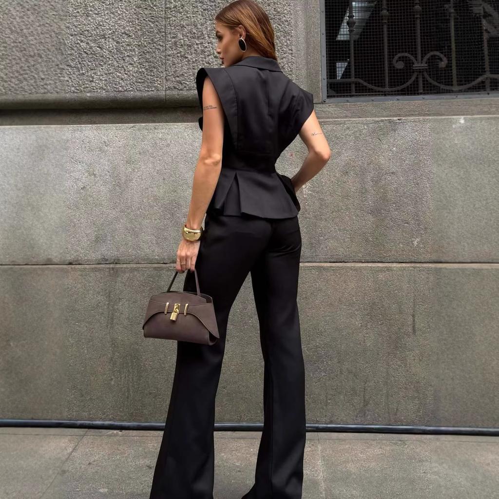 Cross-border European and American elegant high-end sleeveless suit collar vest top, new export women's high-waisted pants set