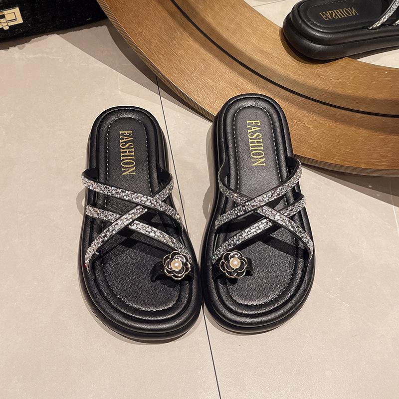 Set of toe thick-soled slippers for women to wear summer new flower rhinestones cross belt Roman one-pedal cool slippers