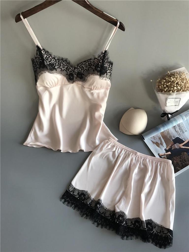 2019 Women's Sexy Summer Ice Silk Suspender Pajamas Set with Shorts - Plus Size Thin Homewear