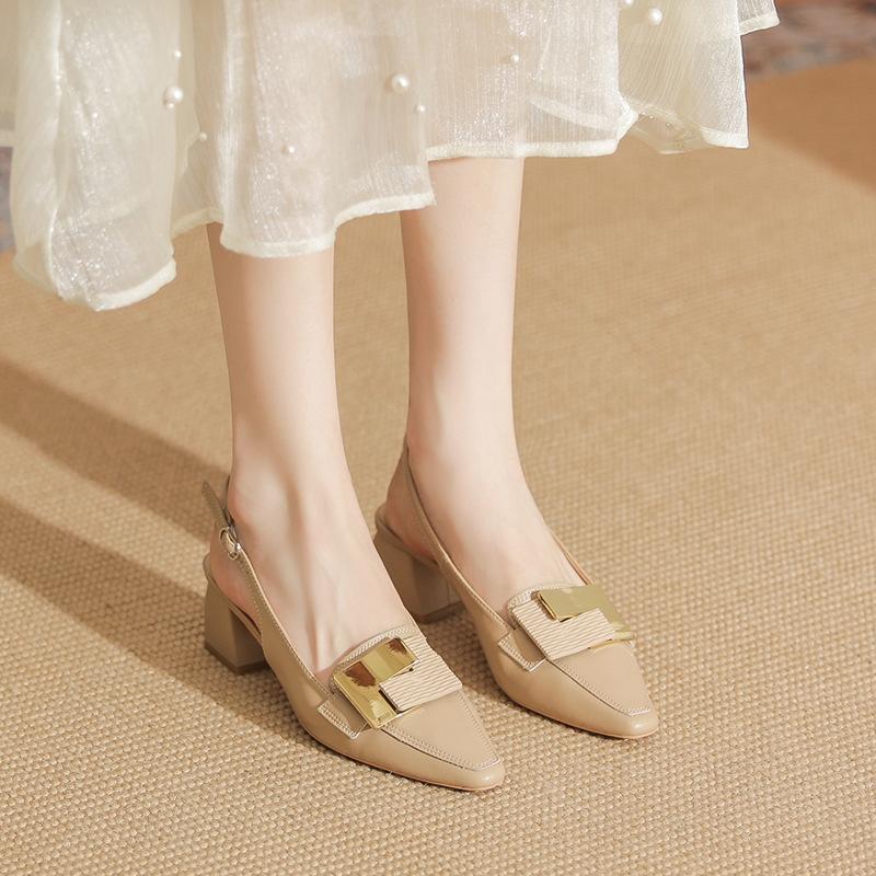 

Baotou sandals women s summer new mid-heel thick heel single shoes square head lady high heels genuine leather 39