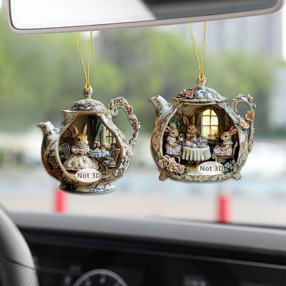 2D Acrylic Rabbit in Teacup Pendant Flat Bag Pendant Charms Christmas Hanging Pendants Christmas Tree Ornament Navidad Decor