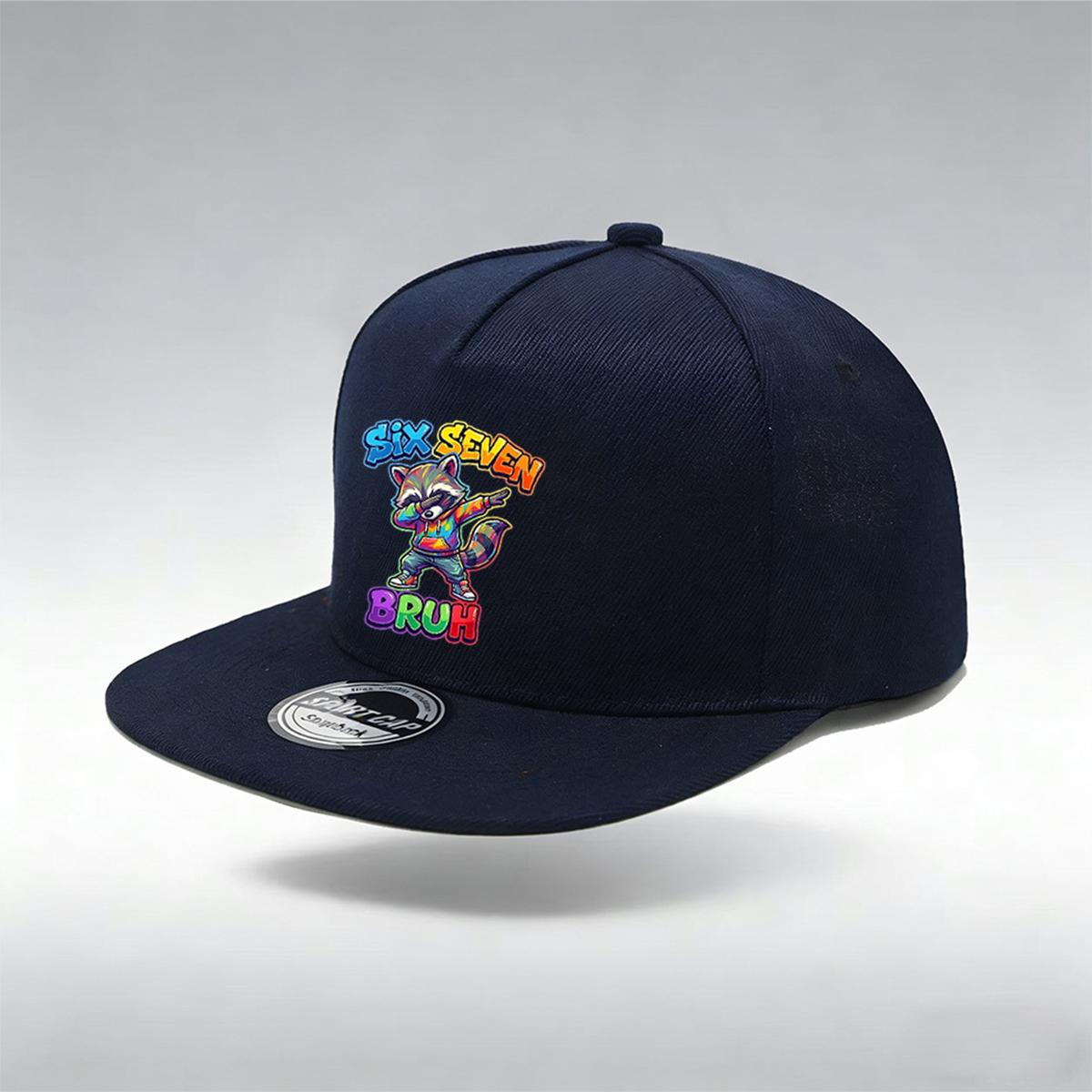 

1/2PC Flat Brim Snapback Hat, Breathable, Raccoon DAB SIX SEVEN Bruh Print, Hip Hop Streetwear for Men Women темно-синий