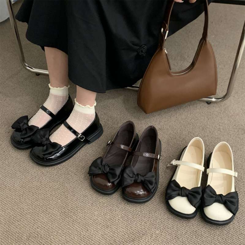 2025 spring and summer new round head retro bow small leather shoes women's work shoes Mary Jane college style women's single shoes