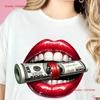 Glossy Lips Money T Shirt Dollar Bill PrinT for Unisex and Women DTG Top with Unique Design Idea Vintage Washed Versatile