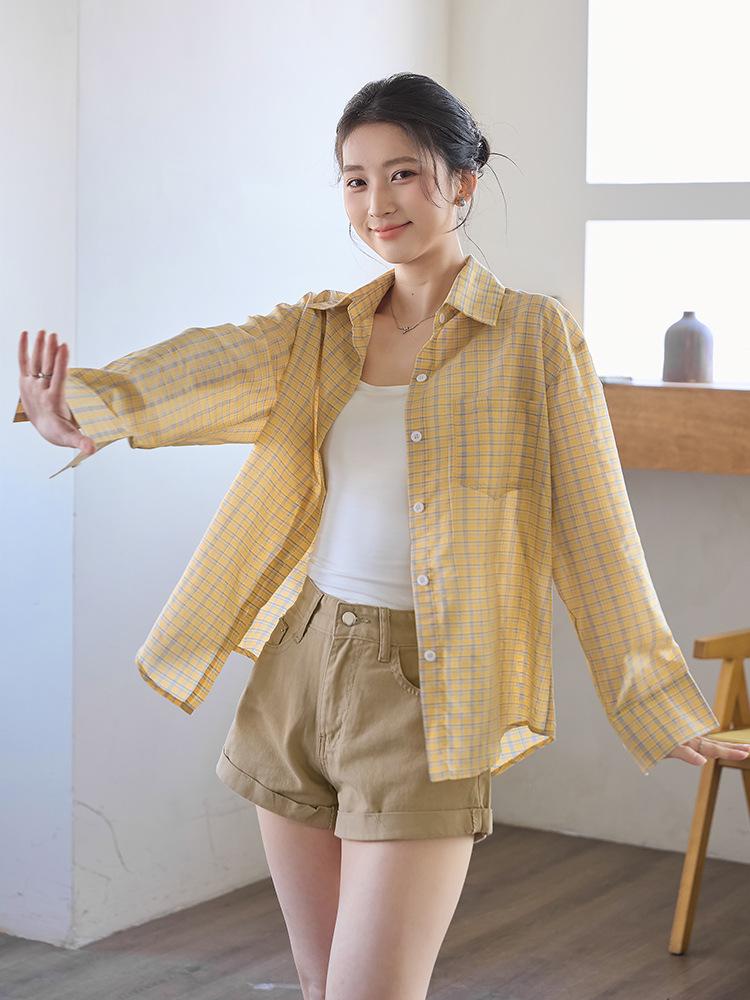 Women's Retro Plaid Loose Fit Shirt - Korean Style Long Sleeve Top for Spring & Autumn Casual Wear