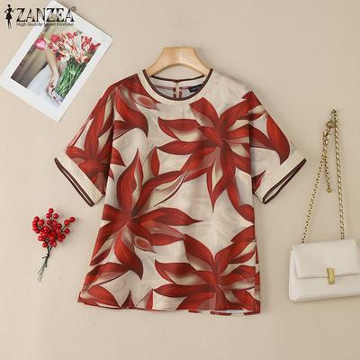 Women Casual Round Neck Loose Summer Short Sleeve Print Blouse