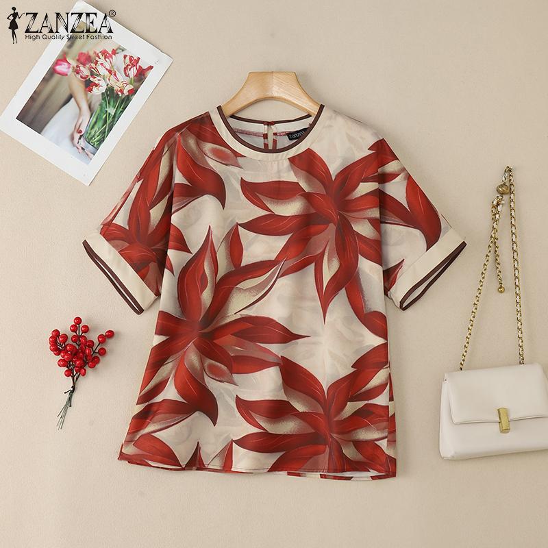 ZANZEA Damen Lässig Rundhals Locker Sommer Kurzarm Print Bluse