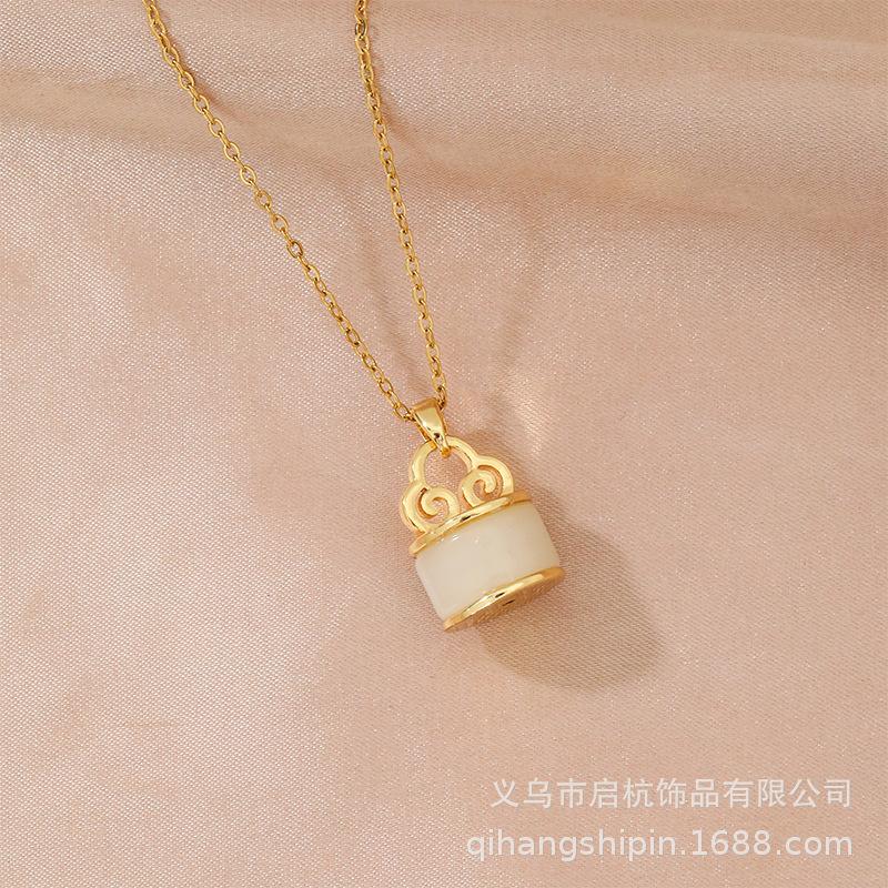 Light Luxury Hetian Jade Round Barrel Bead Necklace Female Retro Ethnic Style Versatile Trend Temperament Collarbone Chain