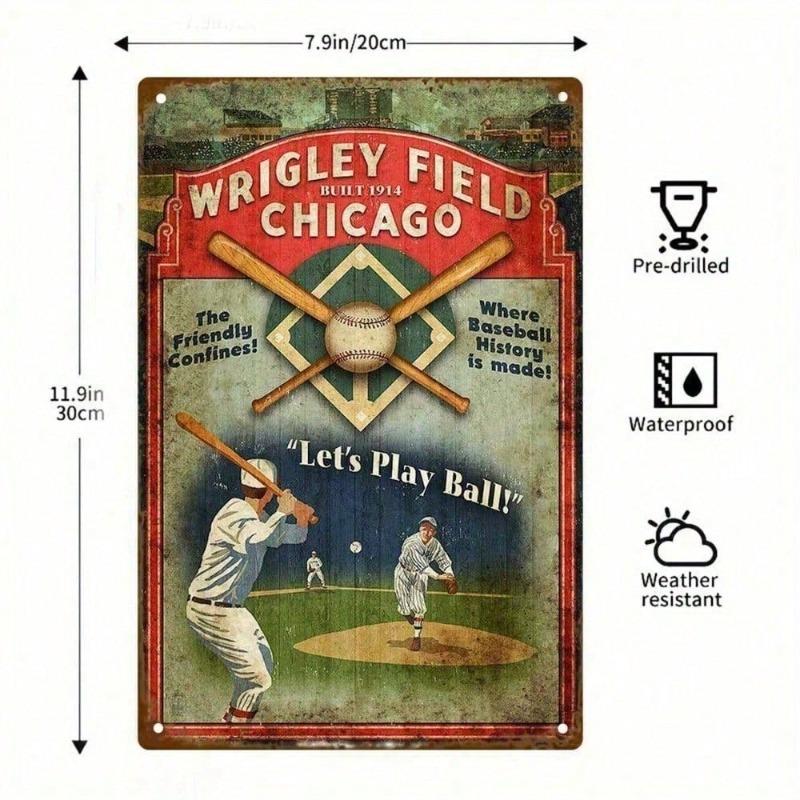 Chicago Cubs Vintage Metal Wall Sign 8x12 Inches, Wrigley Field Retro Tin Sign for Sports Bar & Man Cave, Classic Baseball Home