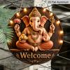2D Flat, 1pc Round Aluminum Hanging Sign, Welcome Lord Ganesha Modak Pink Lotus Warm Fairy Light Metal Wall Decor, Hindu Diwali Good Luck Entrance