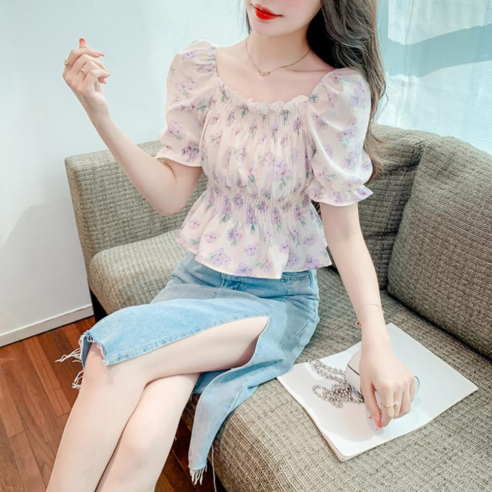 

Шифоновая блузка женская новый дизайн нишевый цветочный темперамент чистый и похотливый инс облегающая талию милая и универсальная XL фиолетовый