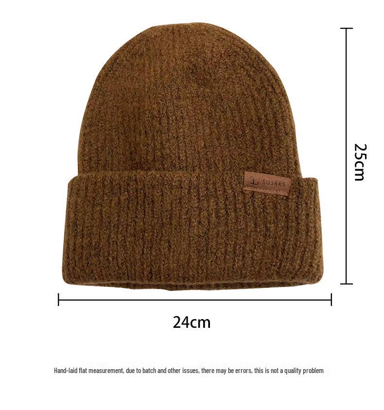 Korean Style Thick Knit Wool Hat for Men & Women - Windproof, Warm, Double Layered, Large Head, Autumn/Winter, Solid Color.