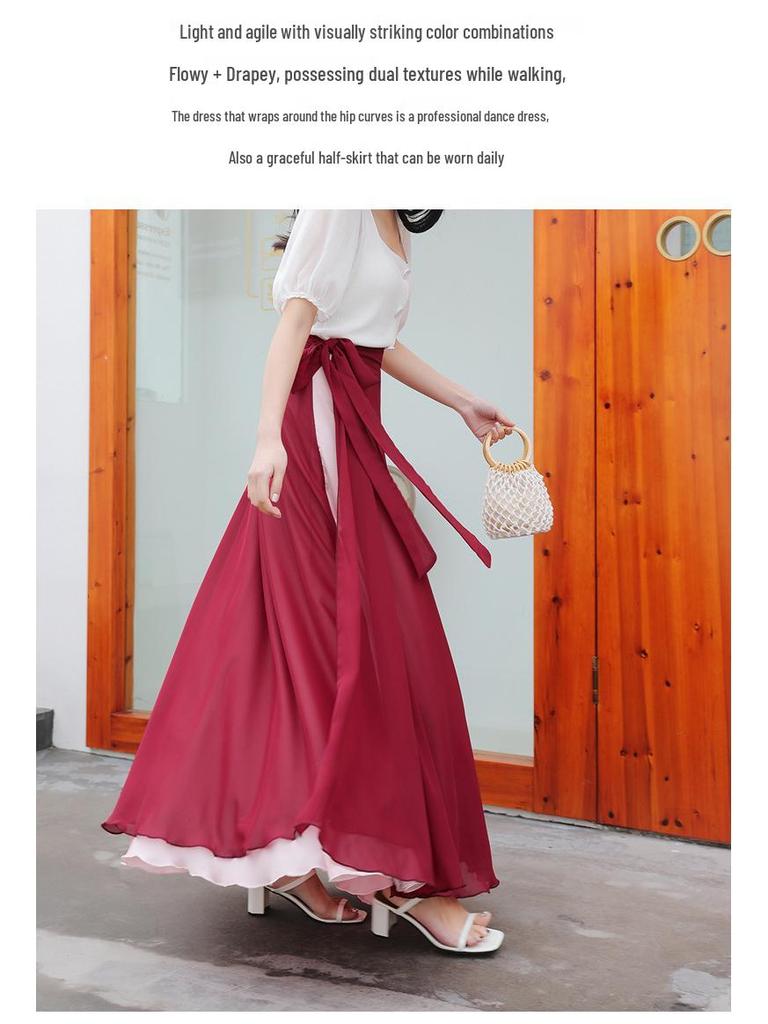 Two-Tone Satin Chiffon Lace-up Dance Midi Skirt for Women