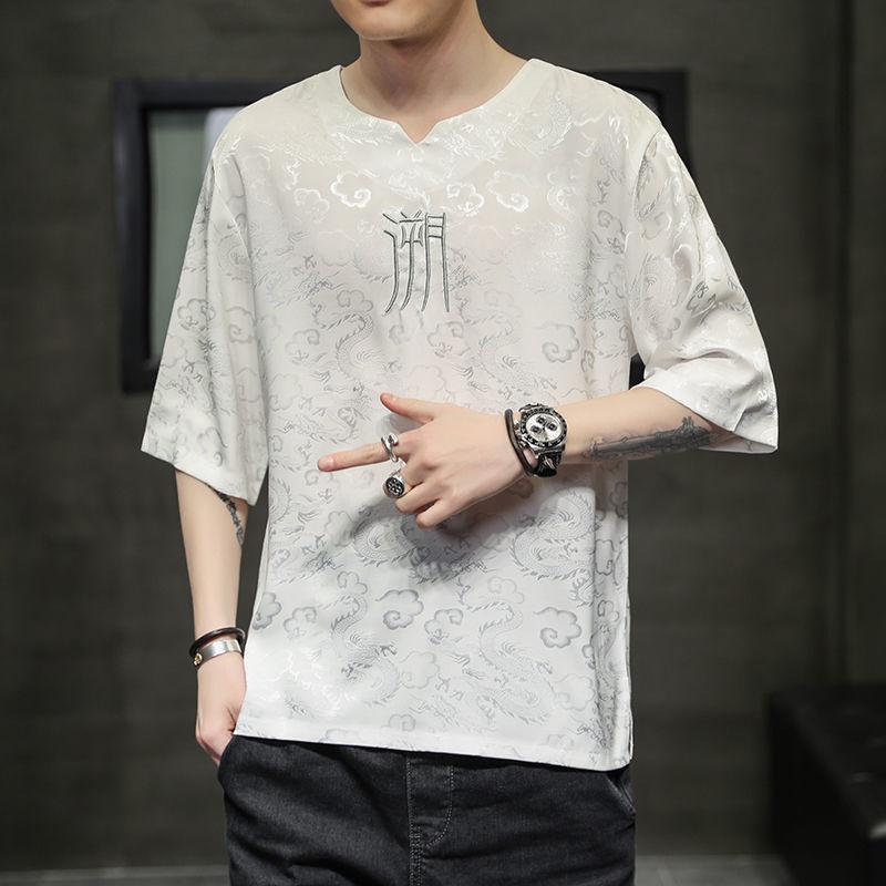 2024 New Summer Chinese Style Dark Flower Ultra-thin Ice Silk Short Sleeved Shirt China-Chic Oversize Loose Casual Men's T-shirt