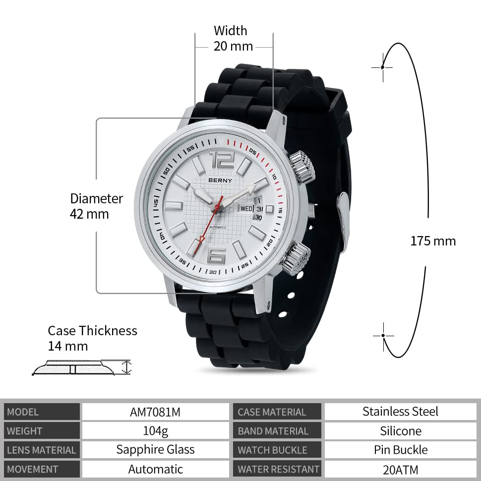BERNY Klokke Herreklokke Klokke Automatisk Mekanisk Dykkerklokke Automatisk Sport Silikonrem Klokke Vanntett 20ATM Safirglass Ripebestandig