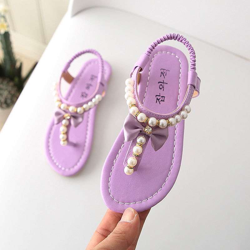 2025 summer Korean version of the new girls sandals princess shoes pearl flip-flops toe sandals baby shoes children's shoes