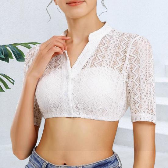 Women Lace Short Shirt Stand Collar Button Front Vintage Style Tops See-through Lace Oktoberfest