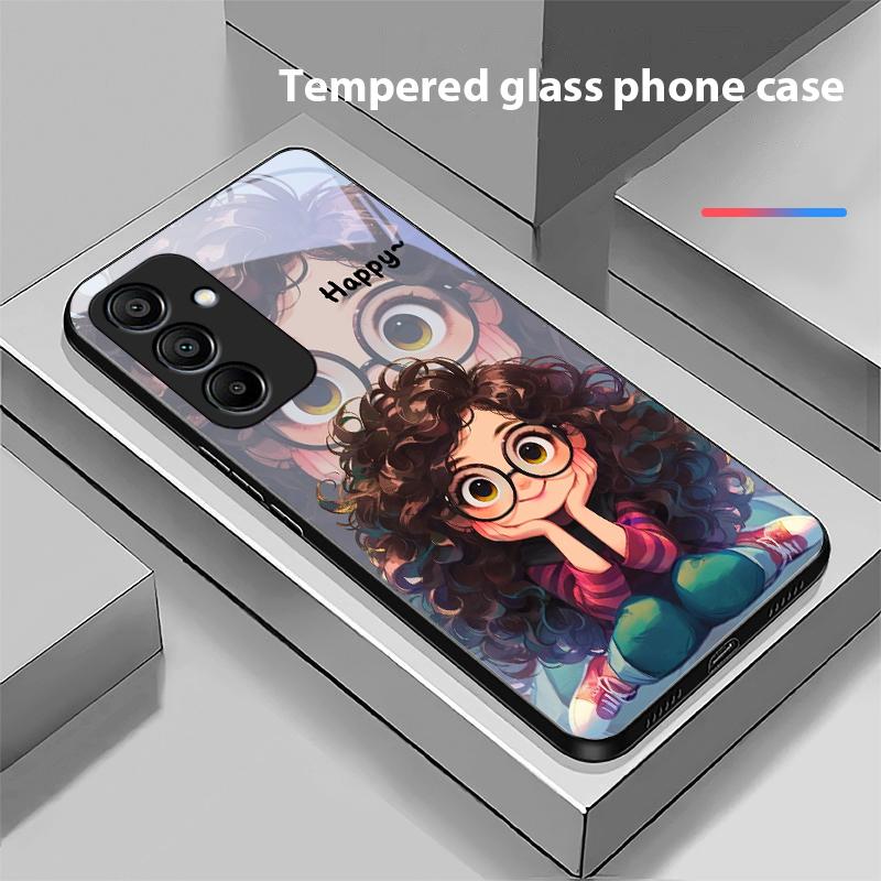 Mädchen mit lockigen Haaren für Samsung Galaxy A15 5G 54 4G 51 50 24 35 90 71 12 51 53 52S 80 22 34 Schwarze Handyhülle aus gehärtetem Glas