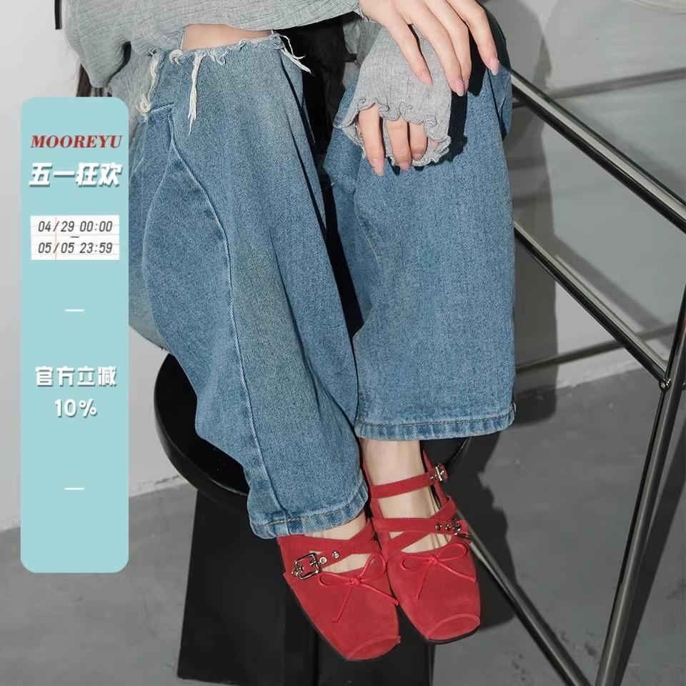 Red bow small single shoes women's spring and summer leather retro one-word shallow rivet ballet 2025 spring and autumn flats