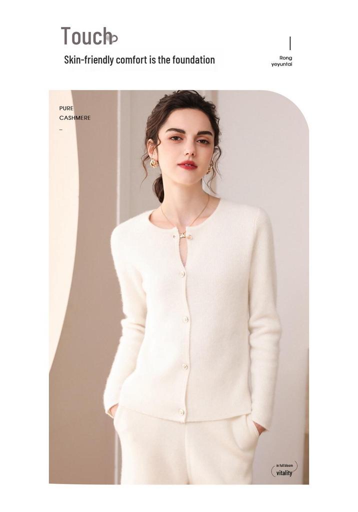 Women's 100% Pure Cashmere Cardigan - Round Neck, Long Sleeve, Button-Up Knit Sweater for Spring and Autumn