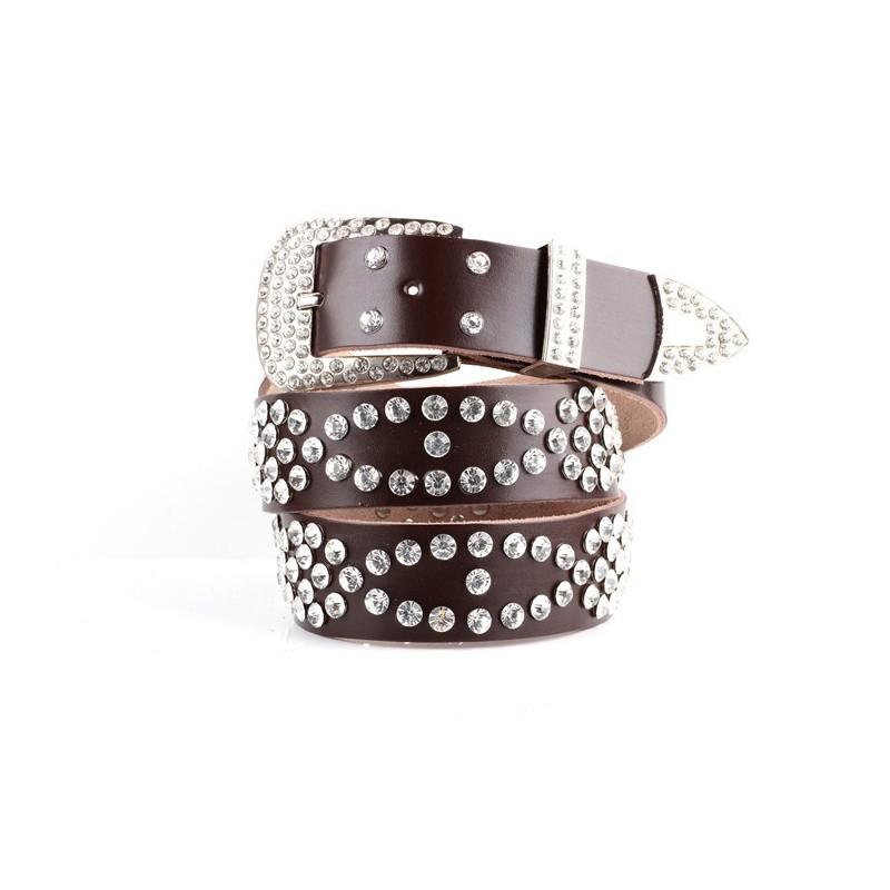 Fashionable Leather Belt For Women With Rhinestone Pattern And Adjustable Pin Closure